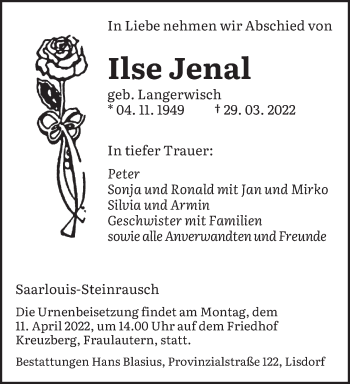 Todesanzeige von Ilse Jenal von saarbruecker_zeitung