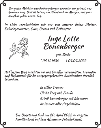 Todesanzeige von Inge Lotte Bonenberger von saarbruecker_zeitung