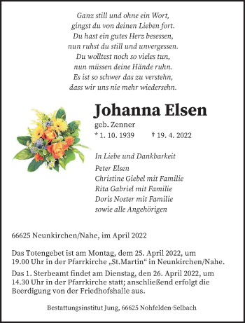 Todesanzeige von Johanna Elsen von saarbruecker_zeitung
