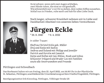 Todesanzeige von Jürgen Eckle von saarbruecker_zeitung