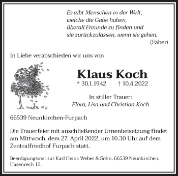 Todesanzeige von Klaus Koch von saarbruecker_zeitung