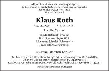Todesanzeige von Klaus Roth von saarbruecker_zeitung