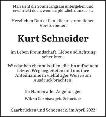 Todesanzeige von Kurt Schneider von saarbruecker_zeitung