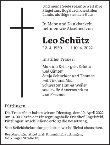 Todesanzeige von Leo Schütz von saarbruecker_zeitung