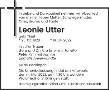 Todesanzeige von Leonie Utter von saarbruecker_zeitung