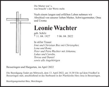 Todesanzeige von Leonie Wachter von saarbruecker_zeitung