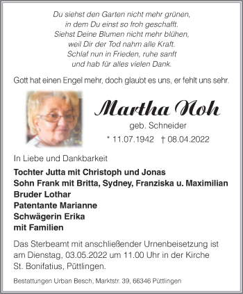 Todesanzeige von Martha Noh von saarbruecker_zeitung