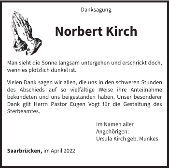 Todesanzeige von Norbert Kirch von saarbruecker_zeitung