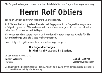 Todesanzeige von Rolf Obtiers von saarbruecker_zeitung