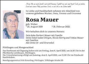 Todesanzeige von Rosa Mauer von saarbruecker_zeitung