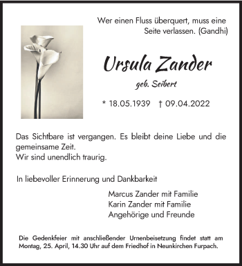 Todesanzeige von Ursula Zander von saarbruecker_zeitung