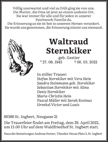 Todesanzeige von Waltraud Sternkiker von saarbruecker_zeitung