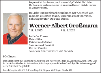 Todesanzeige von Werner-Albert Großmann von saarbruecker_zeitung