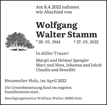 Todesanzeige von Wolfgang Walter Stamm von saarbruecker_zeitung