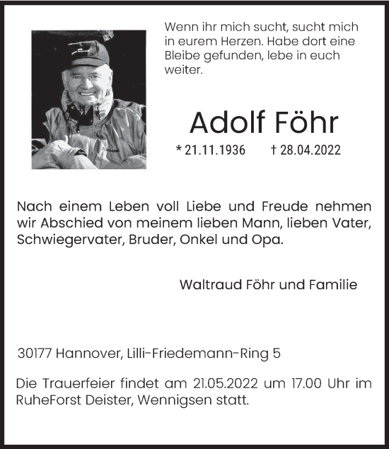Todesanzeige von Adolf Föhr von saarbruecker_zeitung