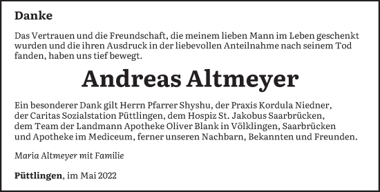 Todesanzeige von Andreas Altmeyer von saarbruecker_zeitung
