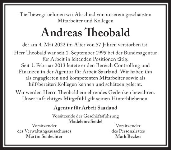 Todesanzeige von Andreas Theobald von saarbruecker_zeitung