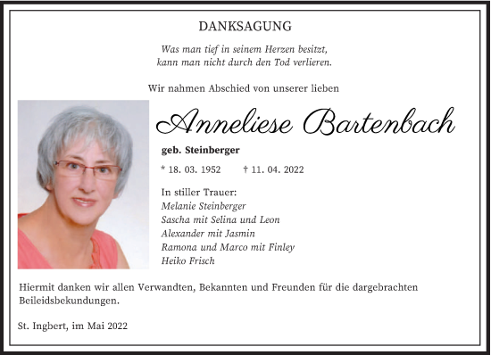 Todesanzeige von Anneliese Bartenbach von saarbruecker_zeitung