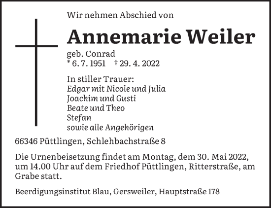 Todesanzeige von Annemarie Weiler von saarbruecker_zeitung