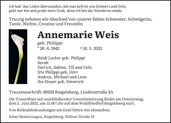 Todesanzeige von Annemarie Weis von saarbruecker_zeitung