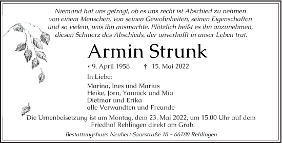 Todesanzeige von Armin Strunk von saarbruecker_zeitung