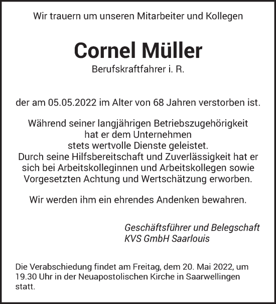Todesanzeige von Cornel Müller von saarbruecker_zeitung