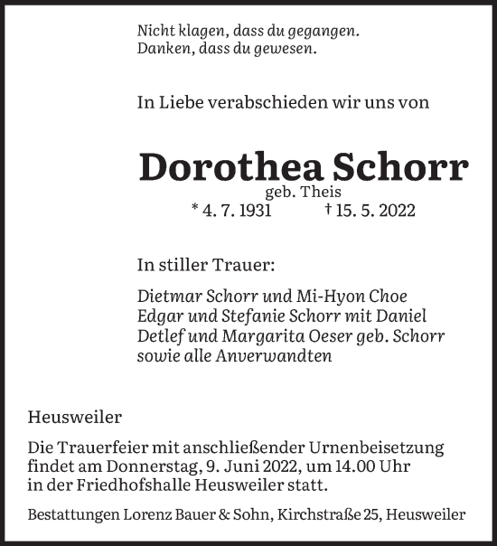 Todesanzeige von Dorothea Schorr von saarbruecker_zeitung