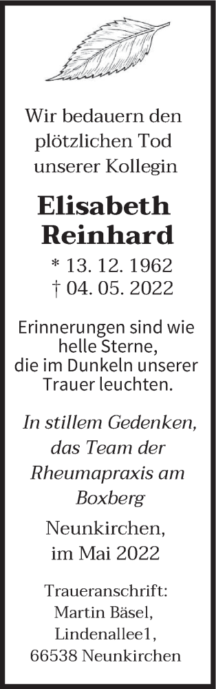 Todesanzeige von Elisabeth Reinhard von saarbruecker_zeitung