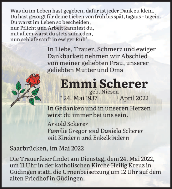 Todesanzeige von Emmi Scherer von saarbruecker_zeitung