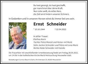 Todesanzeige von Ernst Schneider von saarbruecker_zeitung