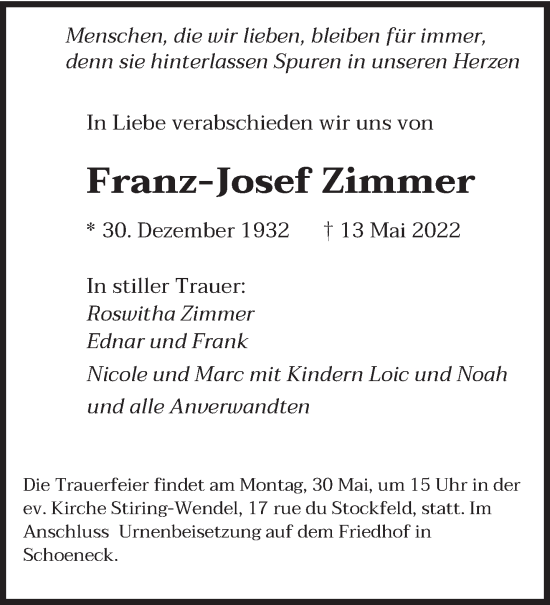 Todesanzeige von Franz-Josef Zimmer von saarbruecker_zeitung