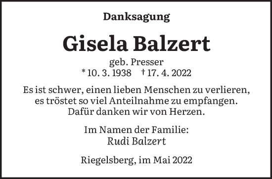 Todesanzeige von Gisela Balzert von saarbruecker_zeitung