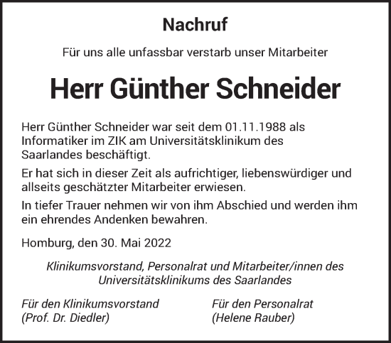 Todesanzeige von Günther Schneider von saarbruecker_zeitung