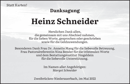 Todesanzeige von Heinz Schneider von saarbruecker_zeitung