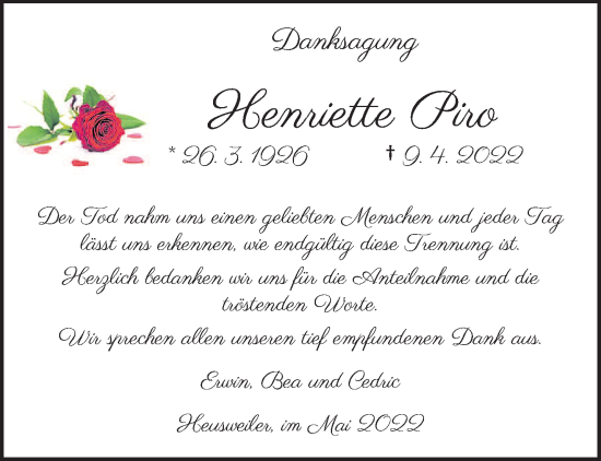 Todesanzeige von Henriette Piro von saarbruecker_zeitung