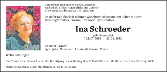 Todesanzeige von Ina Schroeder von saarbruecker_zeitung
