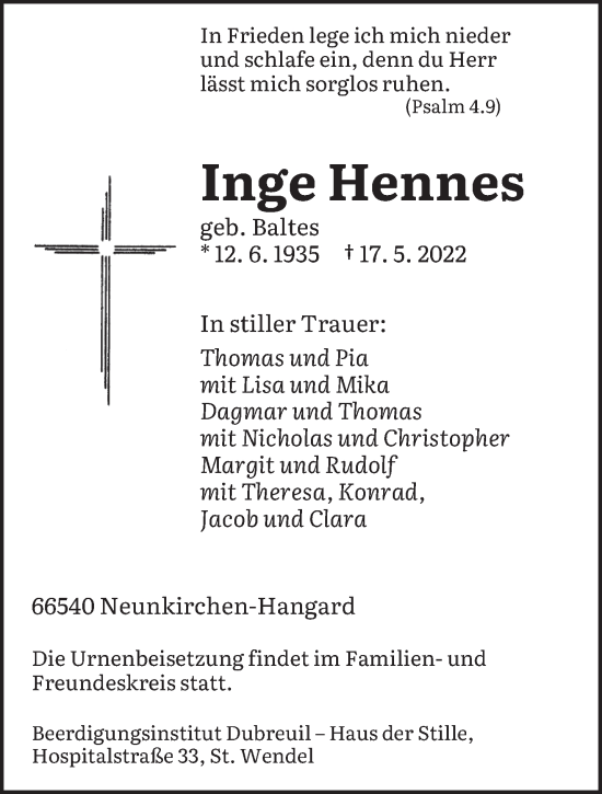 Todesanzeige von Inge Hennes von saarbruecker_zeitung