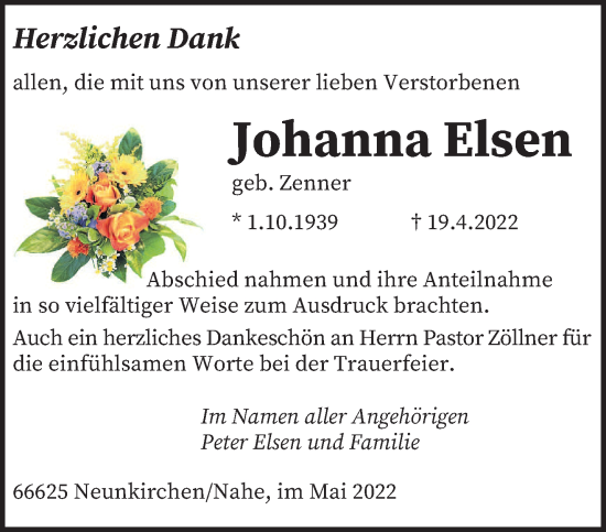 Todesanzeige von Johanna Elsen von saarbruecker_zeitung