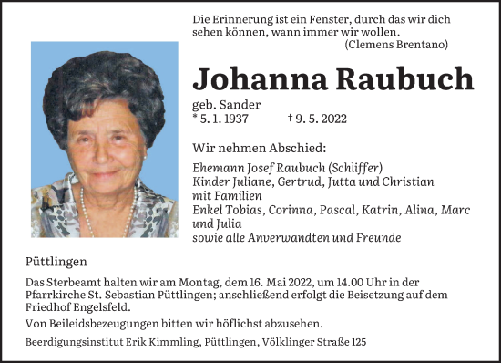 Todesanzeige von Johanna Raubuch von saarbruecker_zeitung