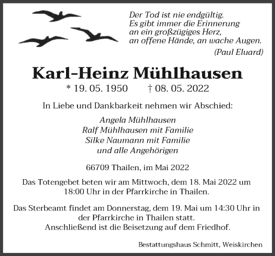 Todesanzeige von Karl-Heinz Mühlhausen von saarbruecker_zeitung