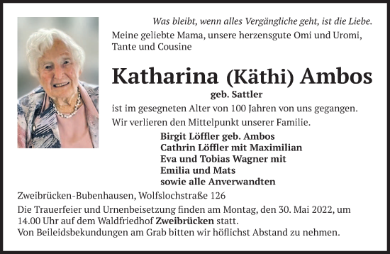 Todesanzeige von Katharina Ambos von saarbruecker_zeitung