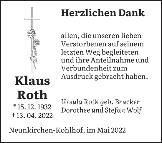 Todesanzeige von Klaus Roth von saarbruecker_zeitung