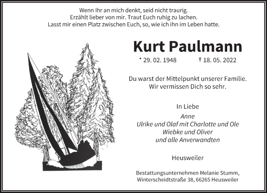 Todesanzeige von Kurt Paulmann von saarbruecker_zeitung