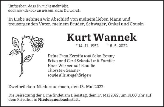 Todesanzeige von Kurt Wannek von saarbruecker_zeitung