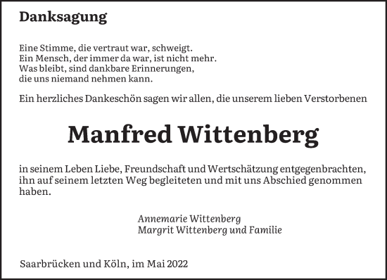 Todesanzeige von Manfred Wittenberg von saarbruecker_zeitung