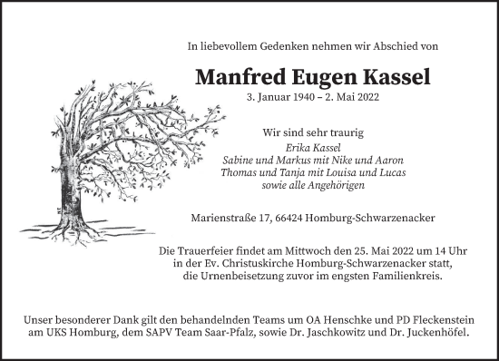 Todesanzeige von Manfred Eugen Kassel von saarbruecker_zeitung