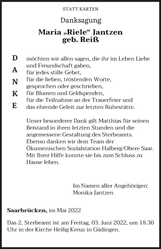 Todesanzeige von Maria Jantzen von saarbruecker_zeitung