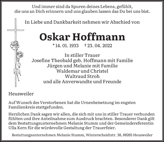 Todesanzeige von Oskar Hoffmann von saarbruecker_zeitung