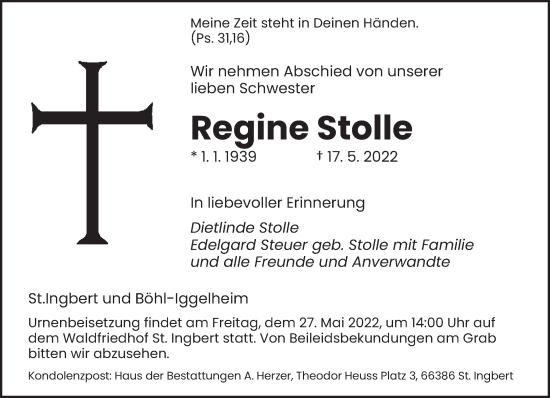 Todesanzeige von Regine Stolle von saarbruecker_zeitung