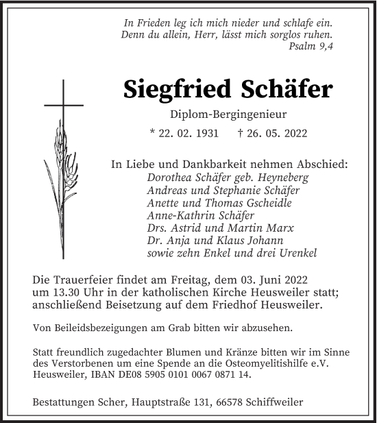 Todesanzeige von Siegfried Schäfer von saarbruecker_zeitung